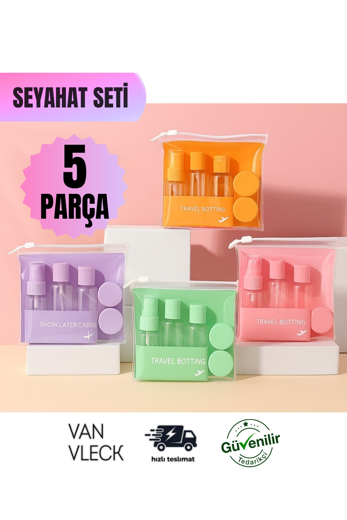 5 Parça Seyahat Seti – Fermuarlı Çanta, Sprey Şişe, Sabunluk, Şampuanlık ve Krem Kutuları — بژ VNVLCK0144