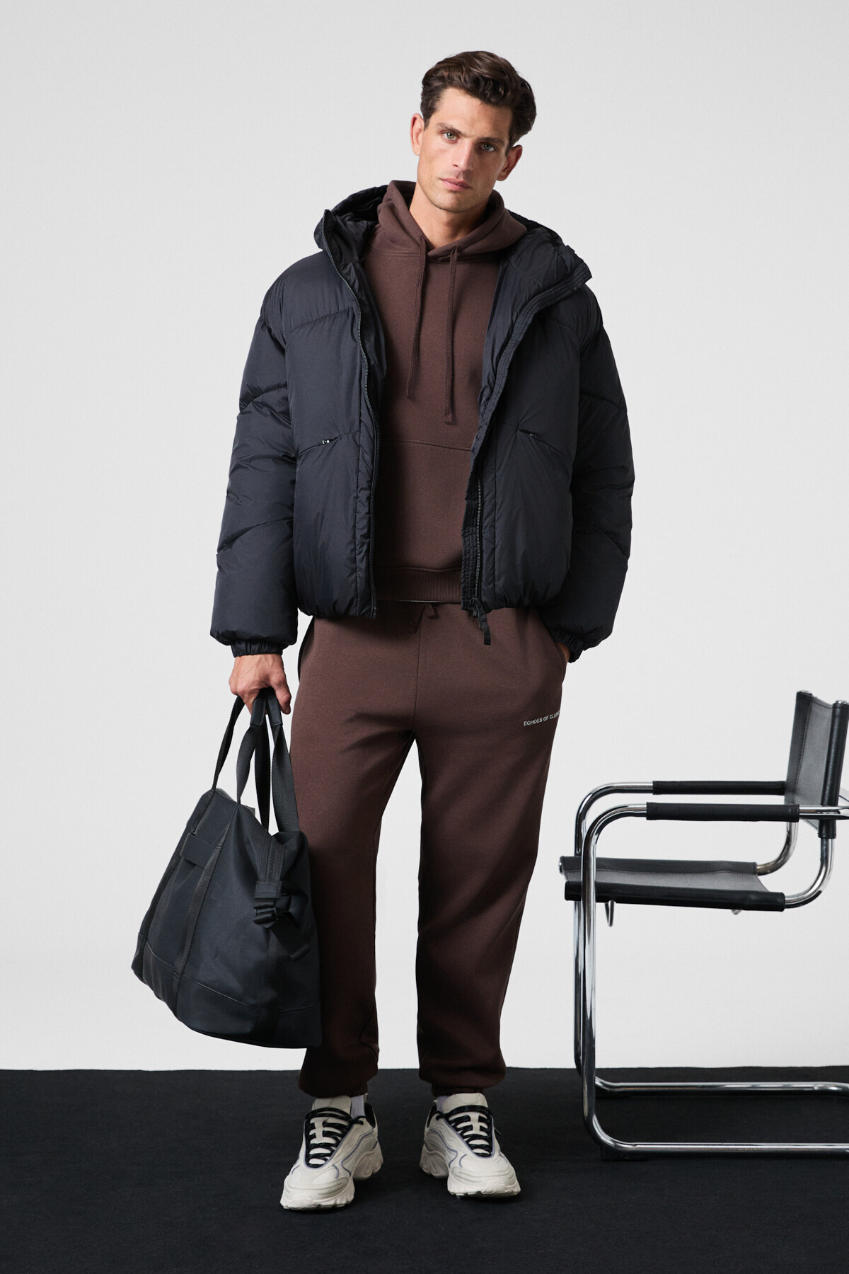 GRIMELANGE MARSHALLHOODIE Erkek Pamuklu İçi Polarlı Nakışlı Relaxed Kahverengi Eşofman Takımı