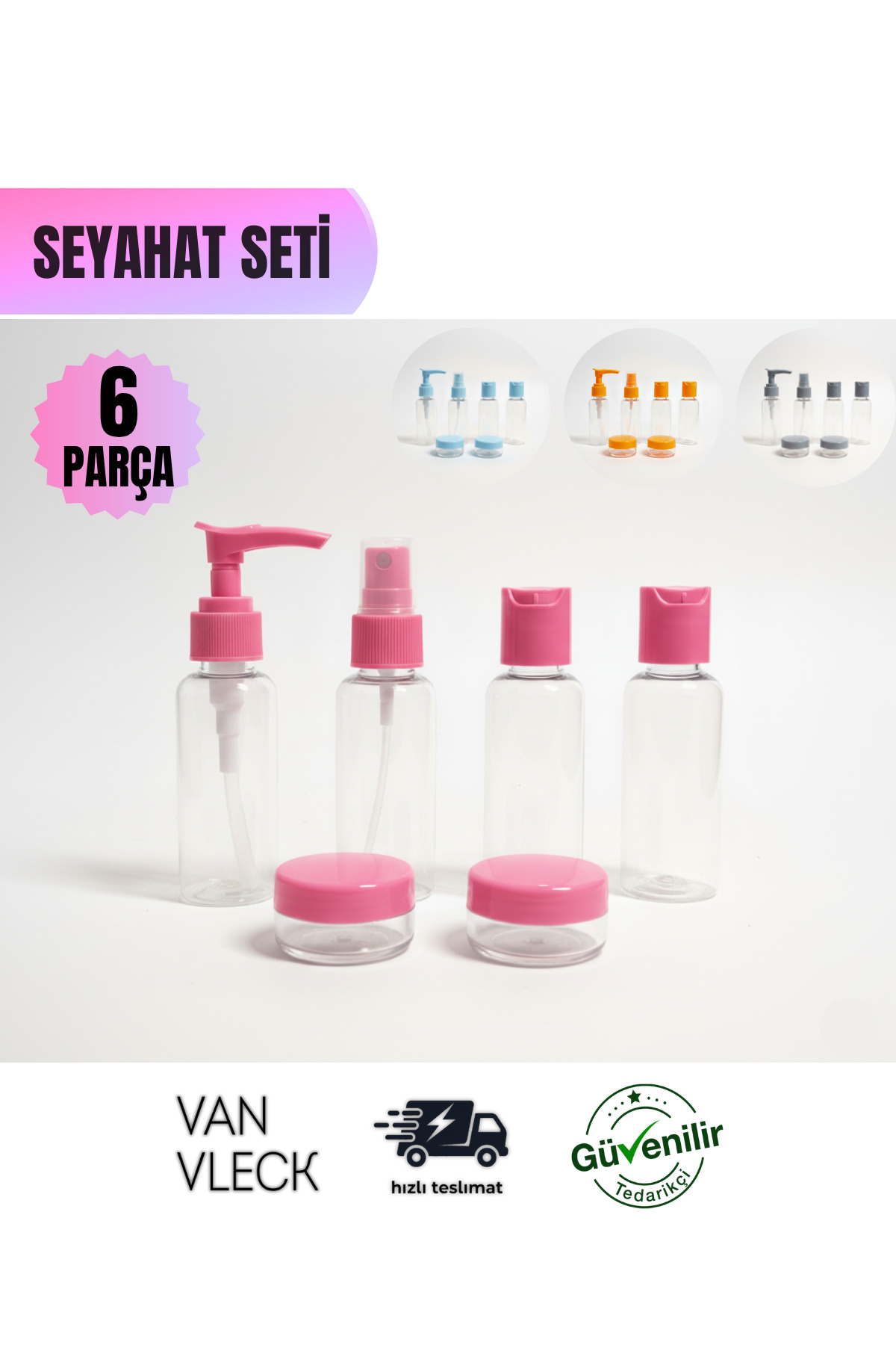 6 Parça Seyahat Seti – Şeffaf Fermuarlı Çanta, Sprey Şişe, Sabunluk, Şampuanlık ve Krem Kutuları — اکرو VNVLCK0144