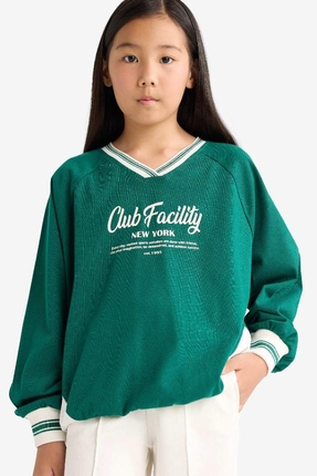 Defacto Oversize Geniş Kalıp V Yaka Baskılı Okul Sweatshirt Kız Çocuk F7583A8...