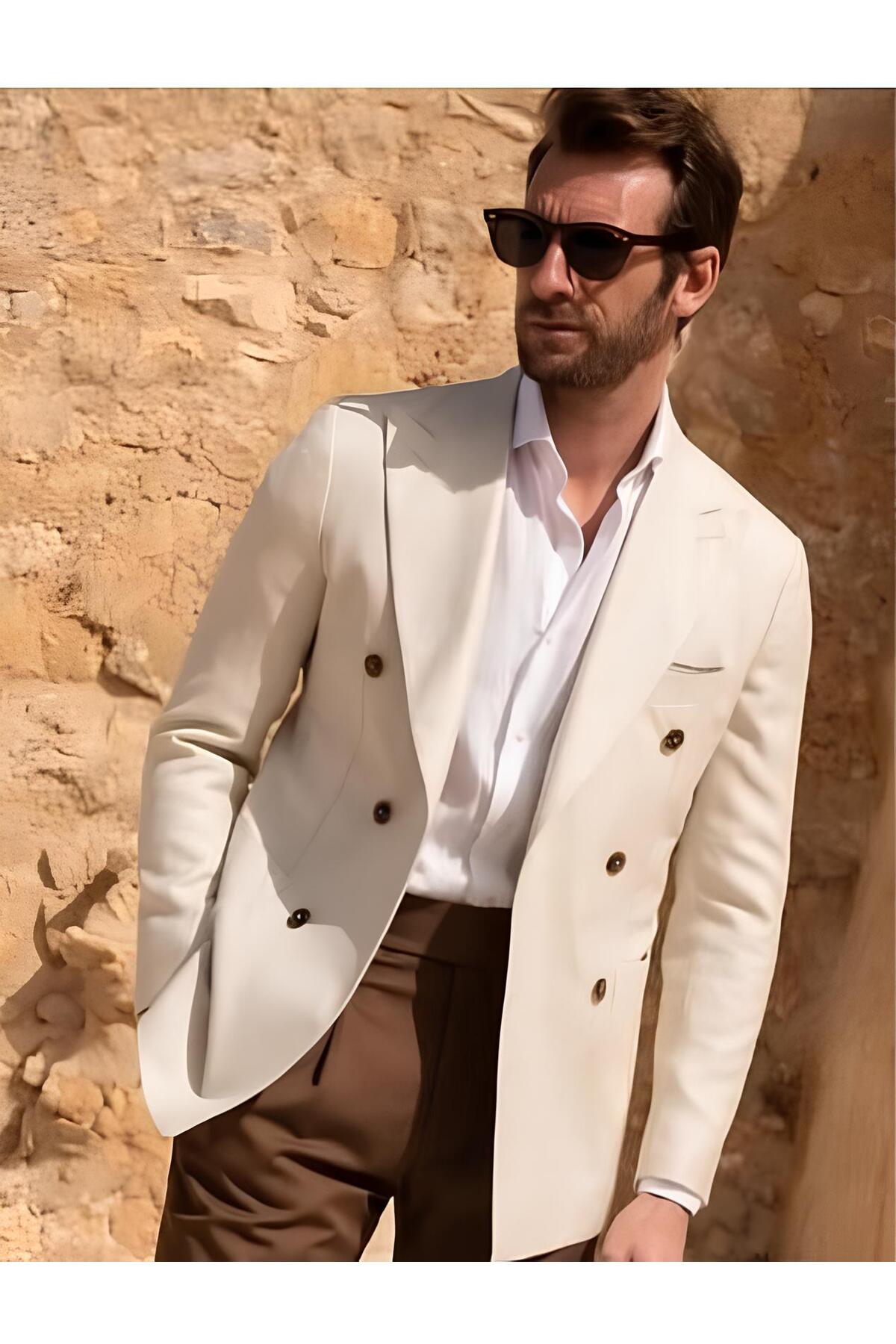 BEIGE JACKET -BROWN TROUSERS - ITALIAN CUT SWALLOW NECK CREAM MEN'S SUIT