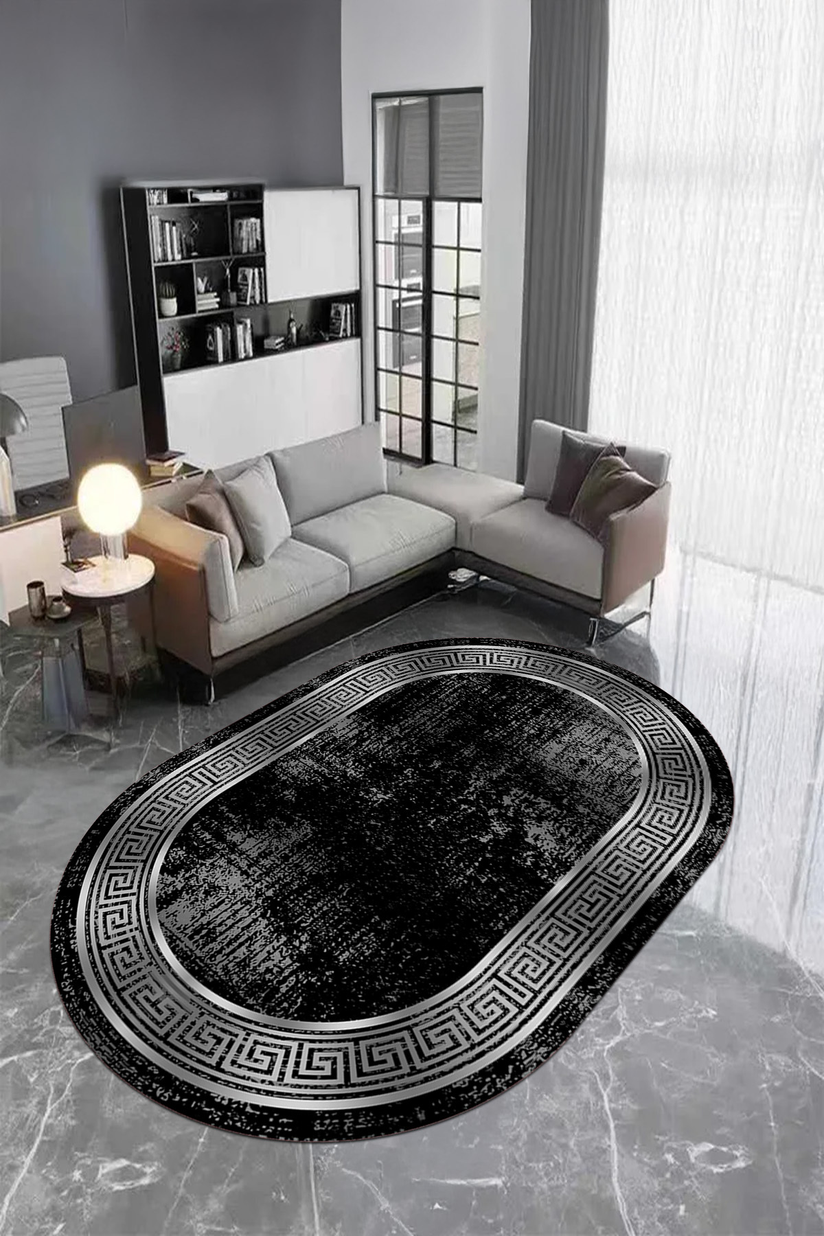 Oval Living Room Carpet with Digital Printed Washable and Non-Slip Base Edge Striped Aged Model Frame