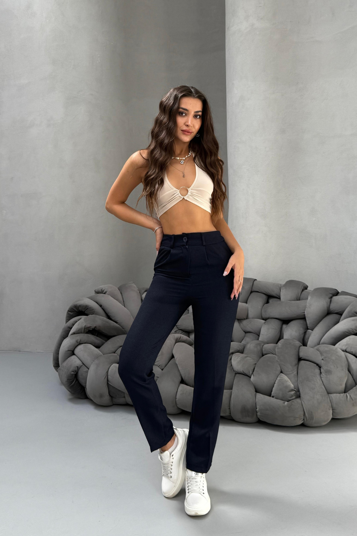 Kadın Yüksek Bel Havuç Model Beli Lastikli Dar Paça Pantolon LACİVERT 5