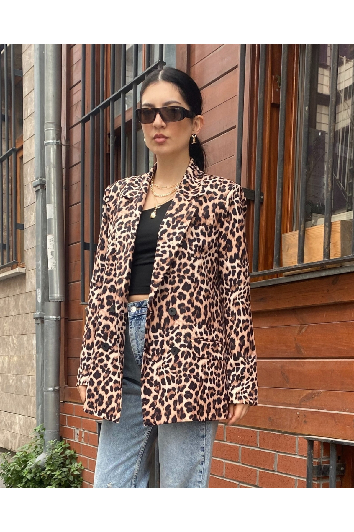 Kadın Leopar Kruvaze Oversize Blazer Ceket Düğme Detaylı