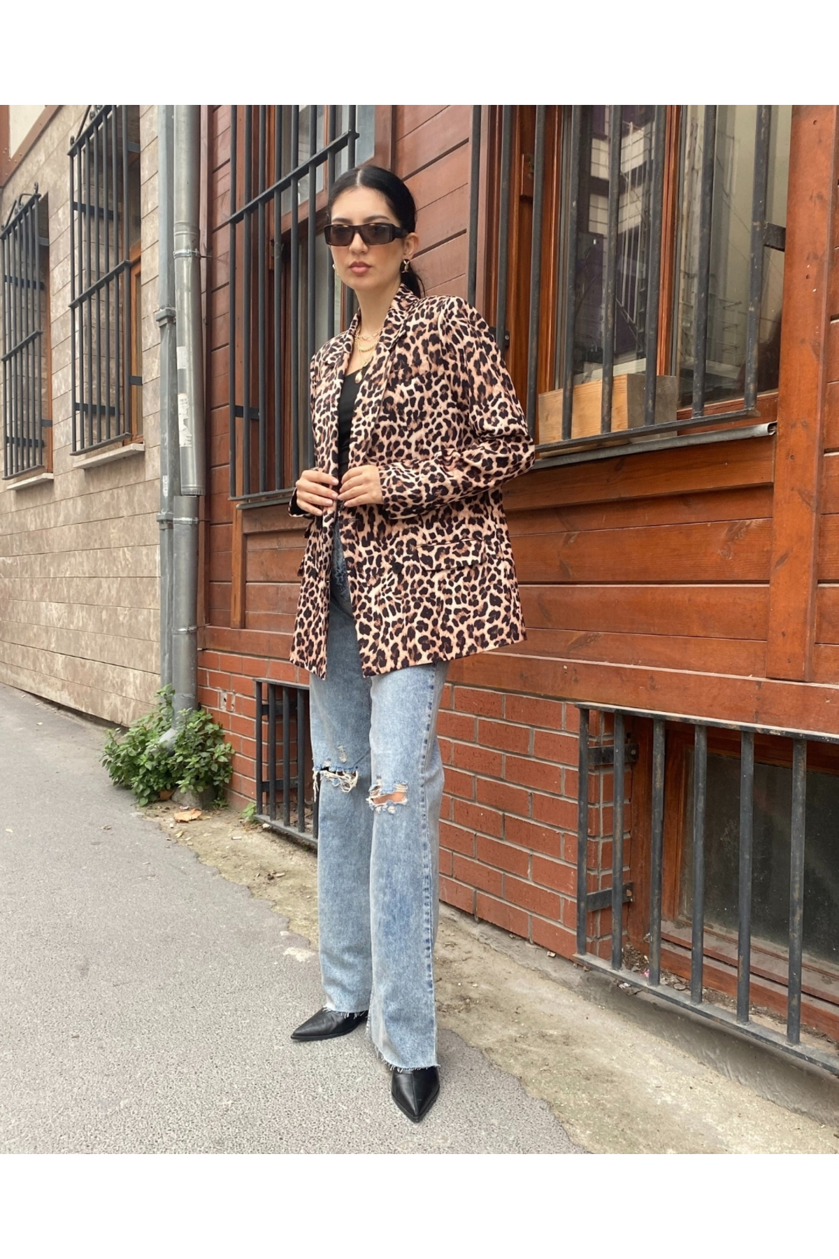 Kadın Leopar Kruvaze Oversize Blazer Ceket Düğme Detaylı