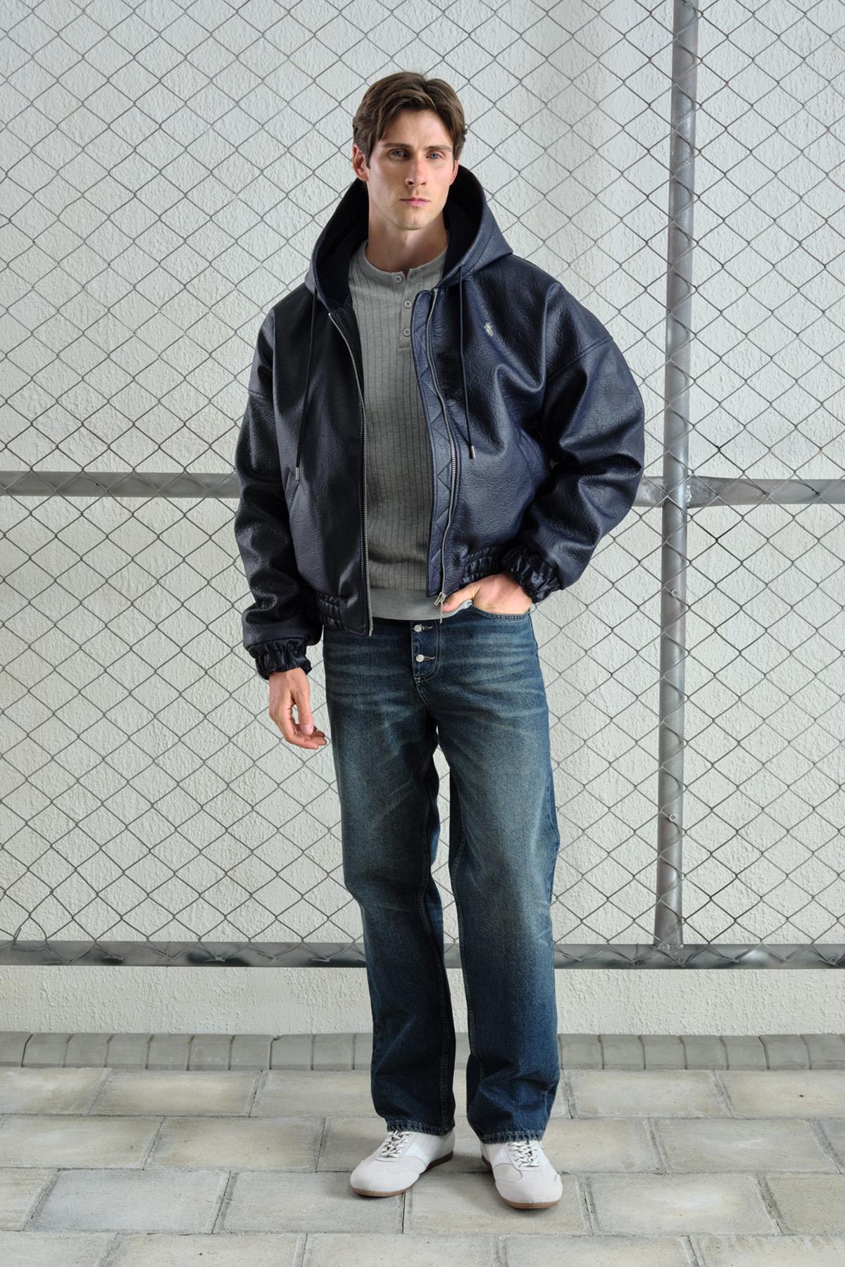 GIESTO KAPÜŞONLU LACİVERT DERİ CEKET