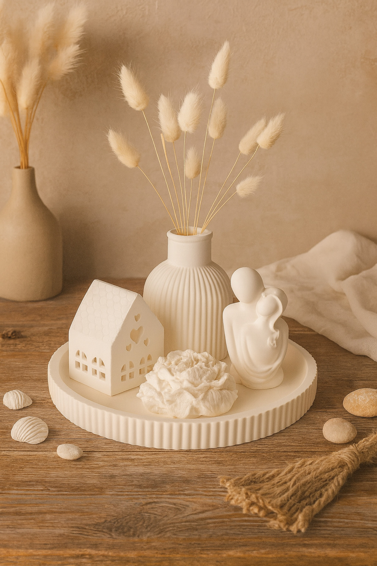 STUDİO Varnished 5-Piece Set Wrapped Dear Concrete Scented Rose Stone Striped Vase Tealight Candle Holder