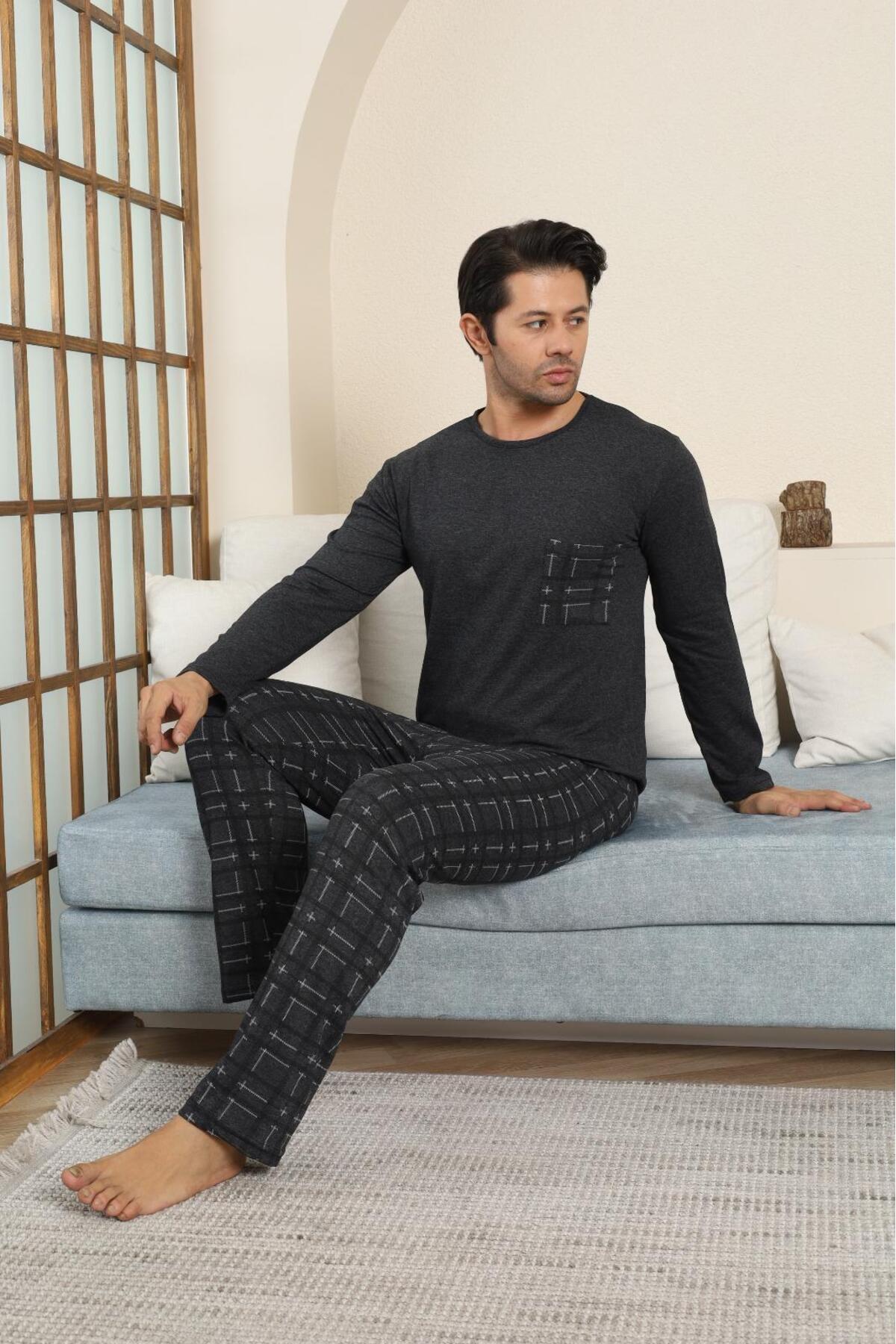 STELLAPİNK Erkek Penye Ekoseli Uzun Pijama Takımı görsel 3