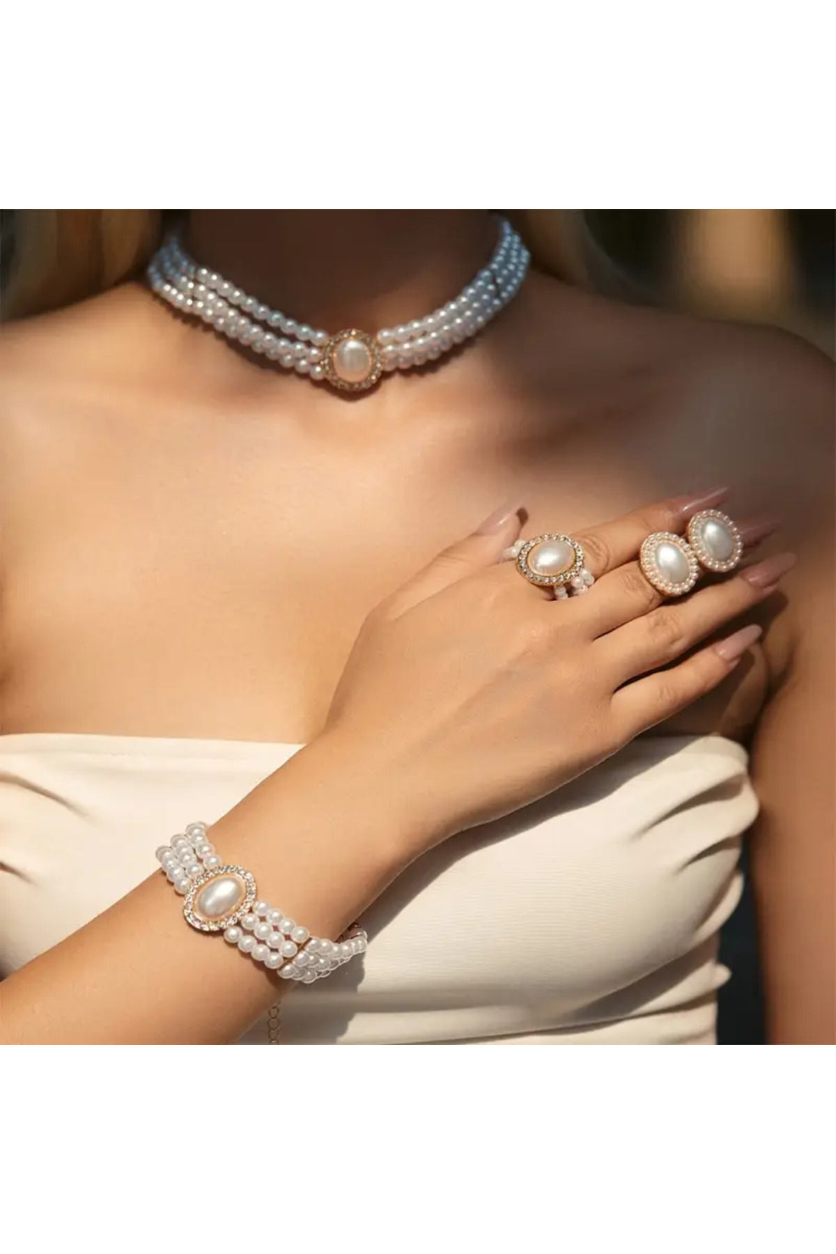 İnci Mercan Bujiteri 5 Parça İnci Çok Katlı Kolye - Kolye Küpe Bileklik Yüzük Düğünler ve Partiler için Elegant Hediye