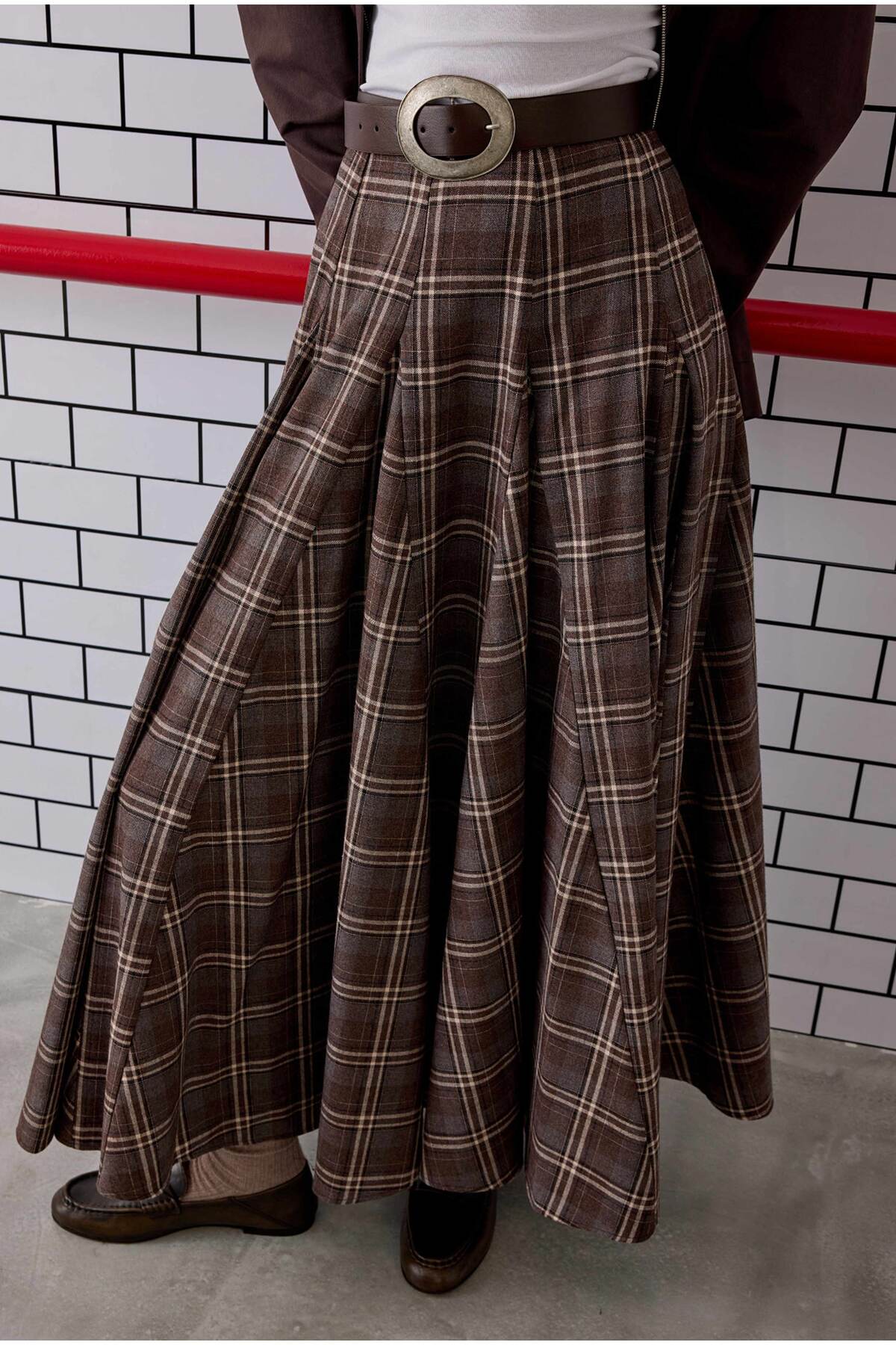 HEQA  Volanlı Ekose Etek Kahve - Görsel 7