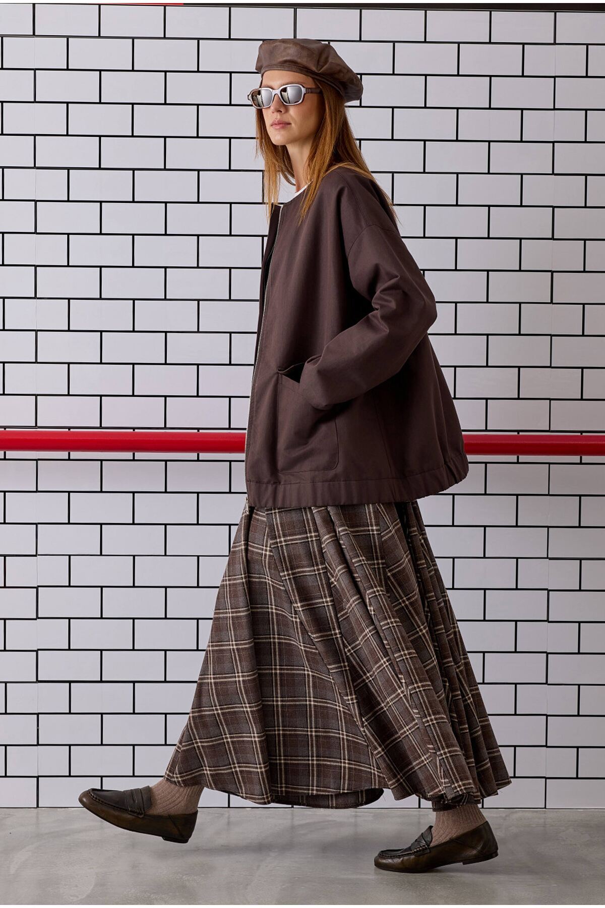 HEQA  Volanlı Ekose Etek Kahve - Görsel 4