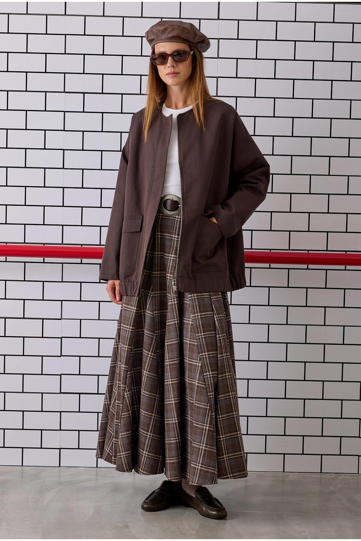 HEQA  Volanlı Ekose Etek Kahve - Görsel 3