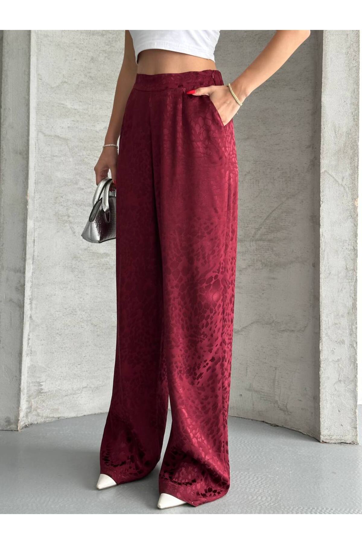 Women's Leopard Print Burgundy Pants - Görsel 5