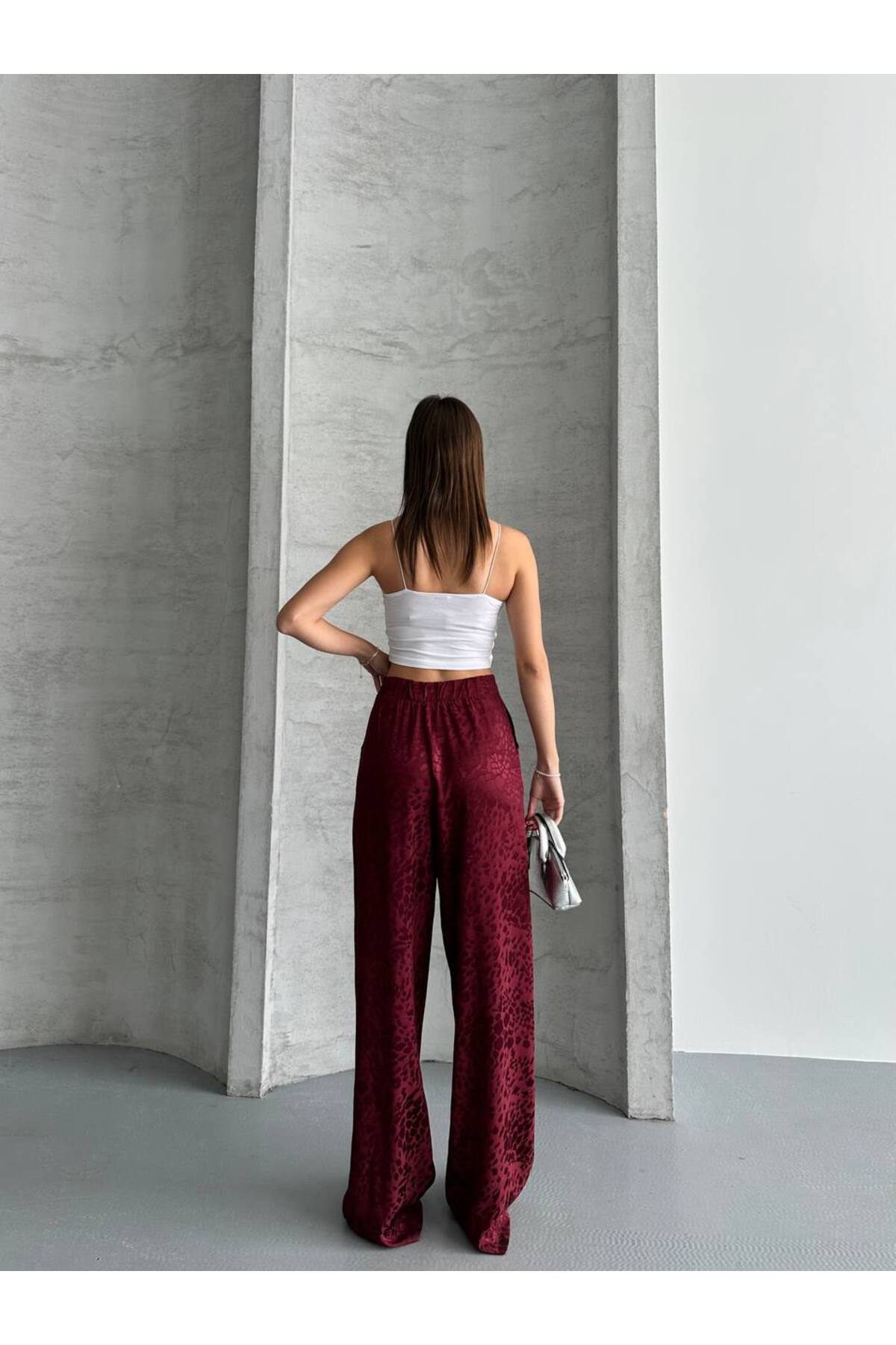 Women's Leopard Print Burgundy Pants - Görsel 6