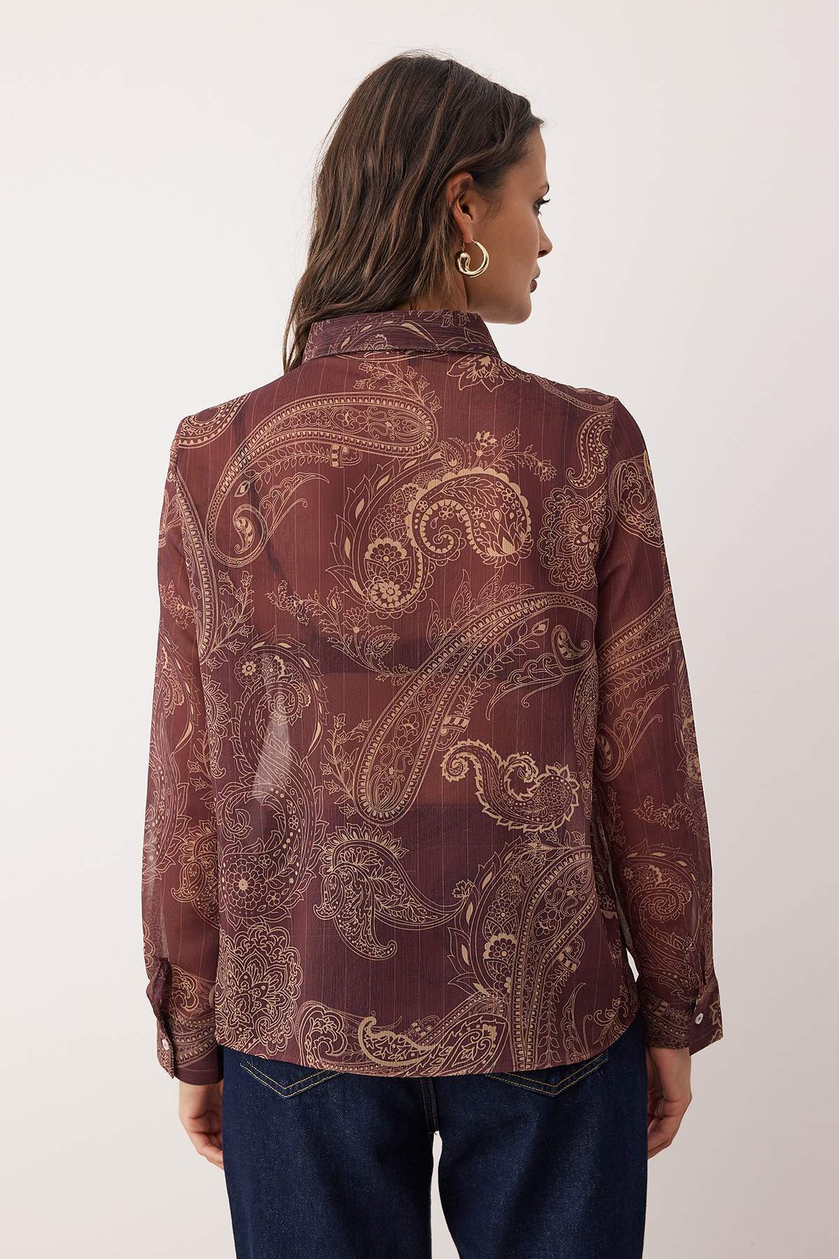 Trendyolmilla  Bordo Boho Şal Desenli Astarsız Yoryo Şifon Gömlek TWOAW26GO00063 - Görsel 6