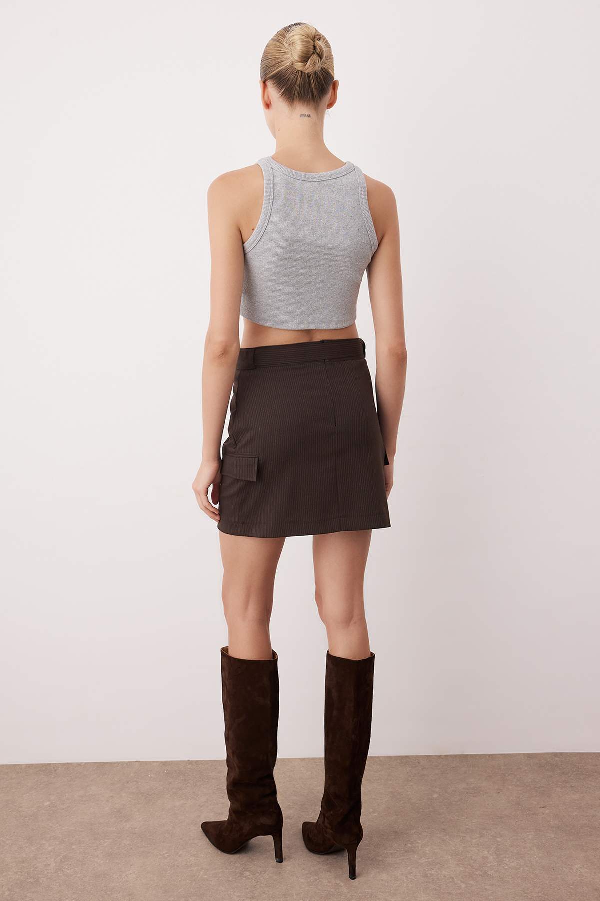 Trendyolmilla  Kahverengi Kemerli Çizgili Dokuma Mini Etek TWOAW26ET00137 - Görsel 5