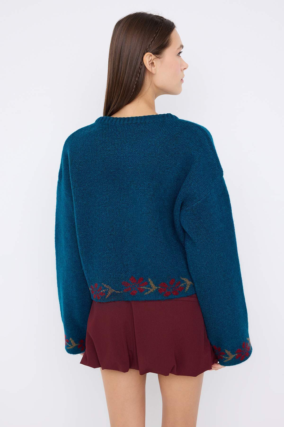 Trendyolmilla  Teen Petrol Yumuşak Dokulu Çiçek Desenli Triko Hırka TWOAW26HI00152 - Görsel 4