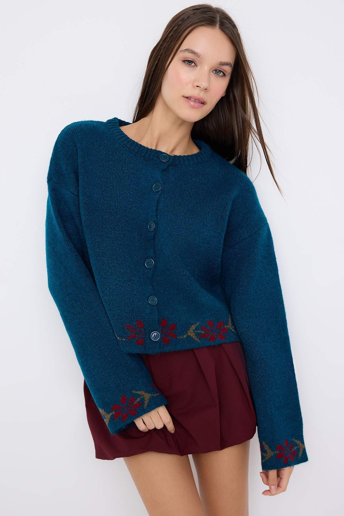 Trendyolmilla  Teen Petrol Yumuşak Dokulu Çiçek Desenli Triko Hırka TWOAW26HI00152