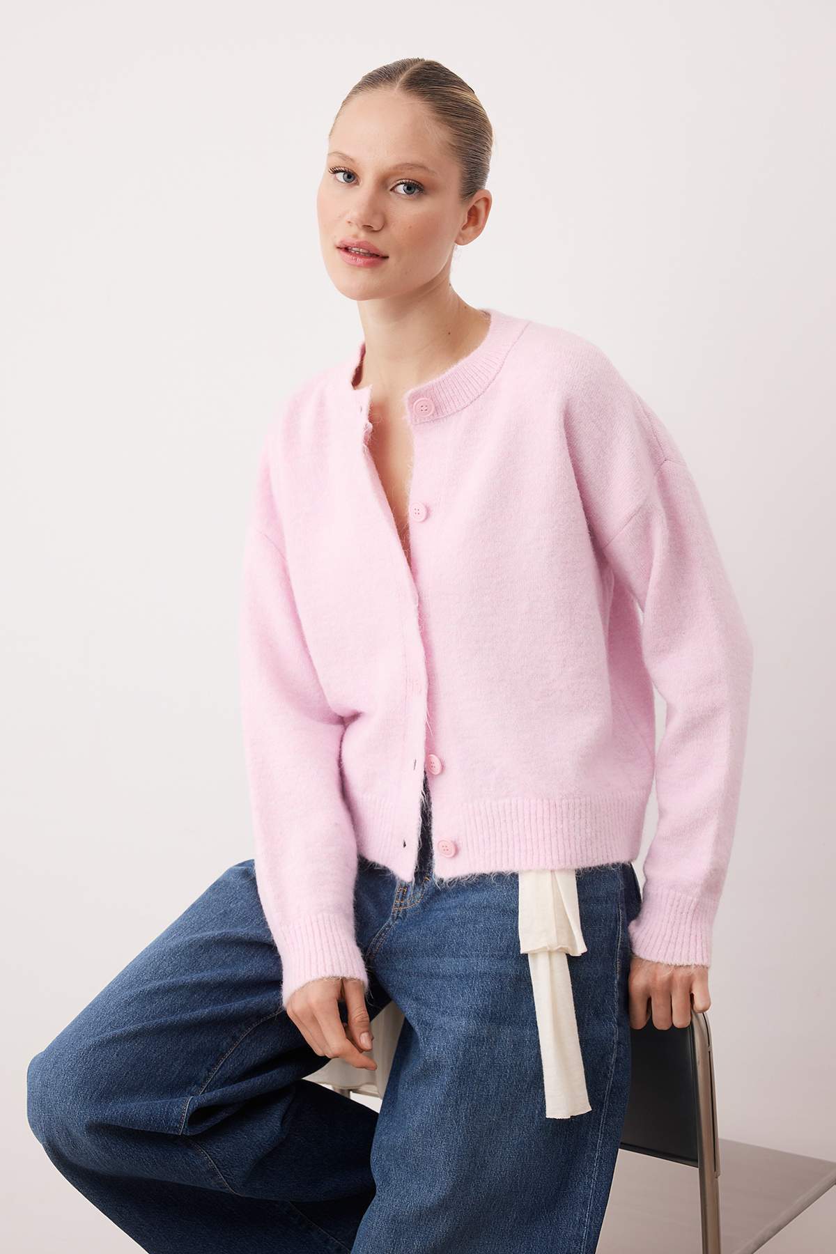 Trendyolmilla  Wardrobe Essentials Lila Alpaka Yünü Karışımlı Geniş Kalıp Triko Hırka | TWOAW26HI00089