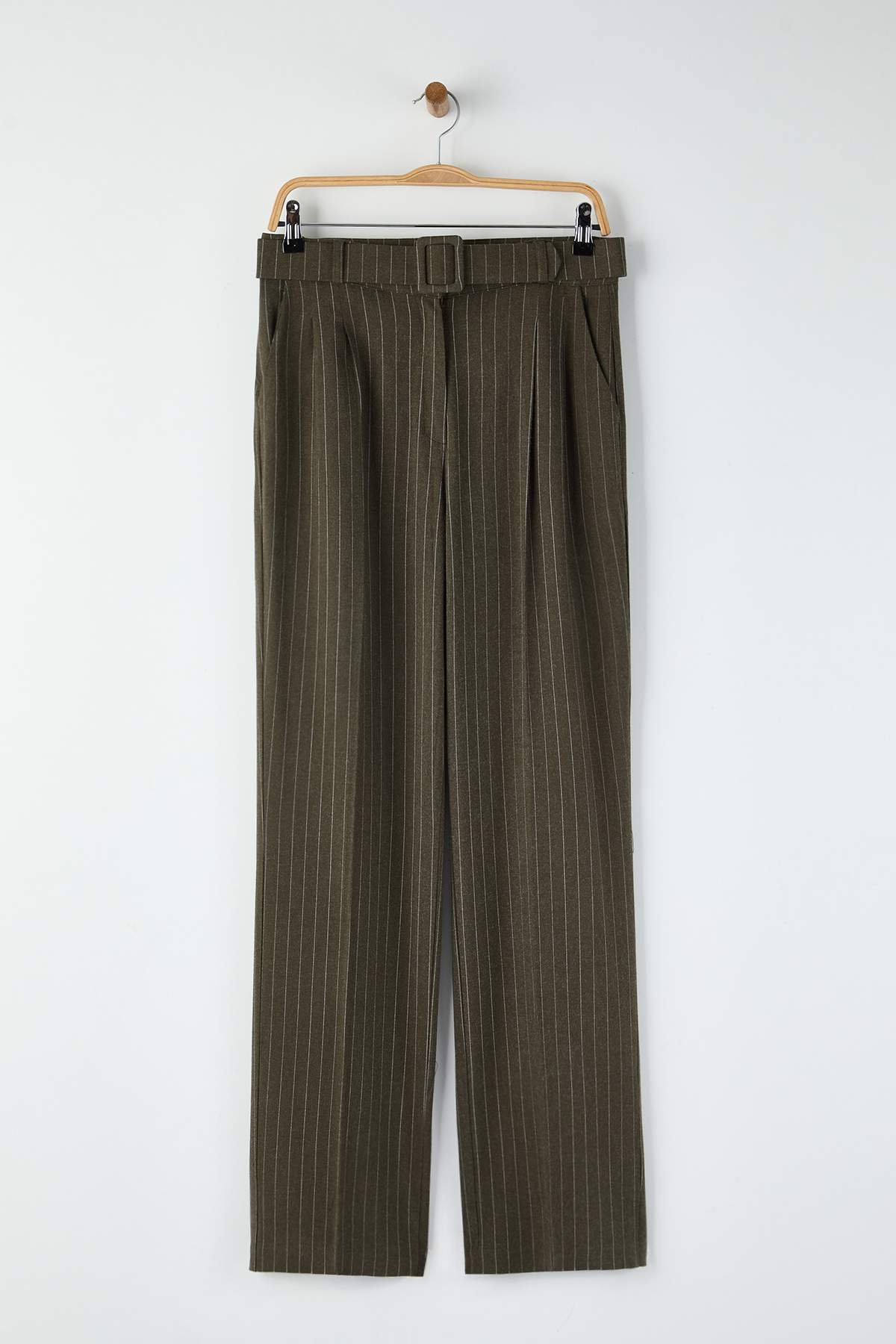 Trendyolmilla  Haki Kemerli Çizgili Dokuma Geniş Paça Pantolon TWOAW26PL00083 - Görsel 5