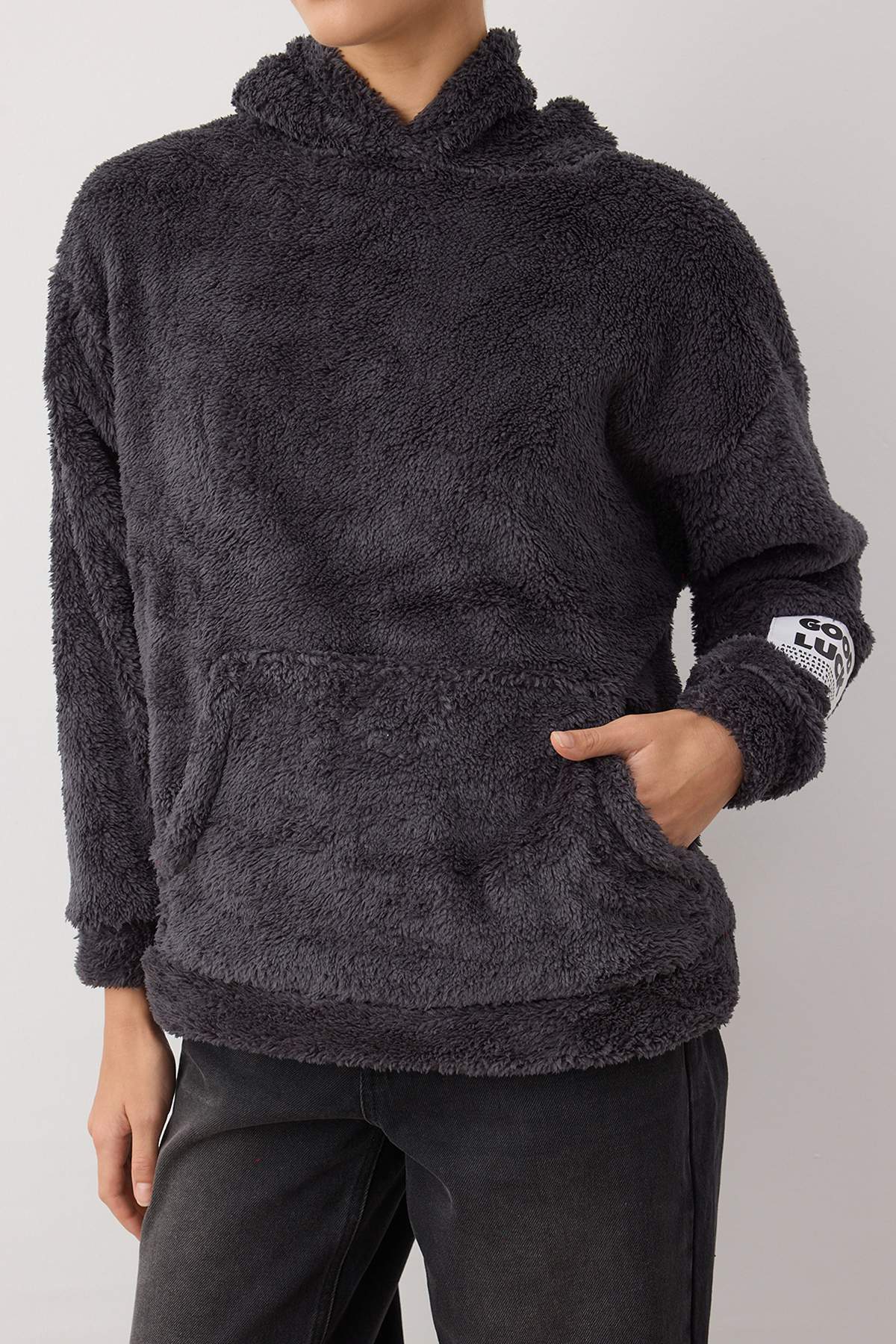 Trendyolmilla  Antrasit Peluş Etiket Detaylı Regular/Normal Kalıp Peluş Örme Sweatshirt TWOAW26SW00221 - Görsel 3