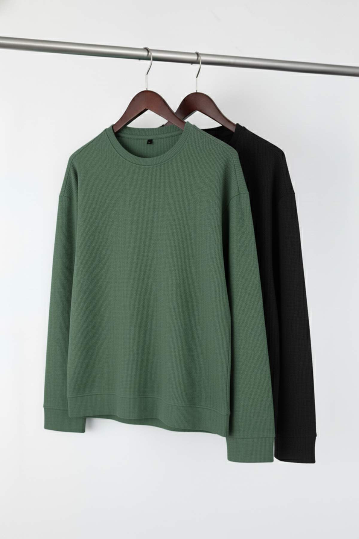 Trendyolmilla Man Siyah-Yeşil 2'li Paket %100 Pamuk Uzun Kol Regular/Normal Kesim T-Shirt TMNAW24TS00001