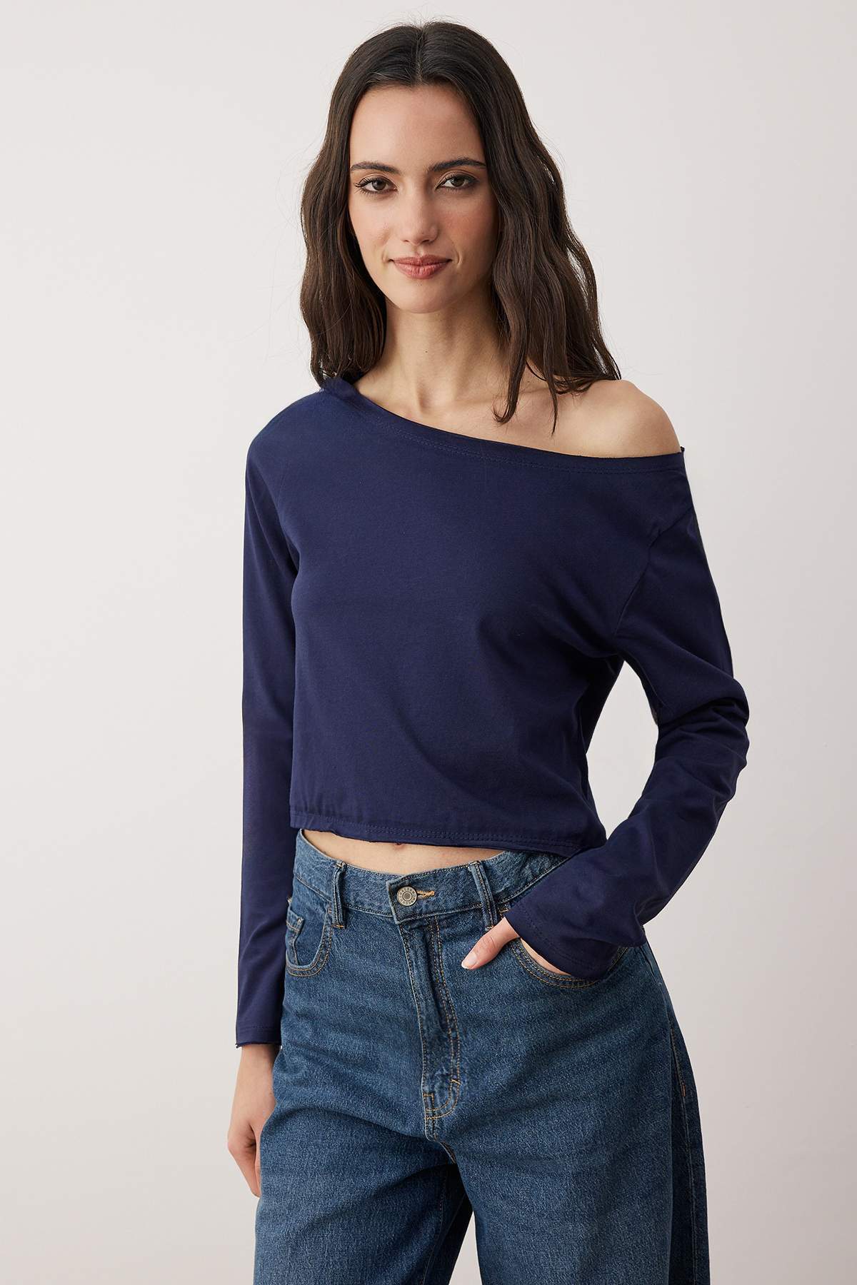 Trendyolmilla  Teen Lacivert-Gri Melanj %100 Pamuk Açık Omuzlu Yaka Rahat Kesim Örme T-Shirt TWOAW26TS00016 - Görsel 14