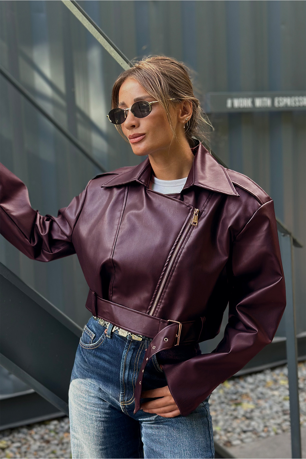 NET OF NOT  ZR Model Vatkalı Bordo Oversize Biker Deri Ceket