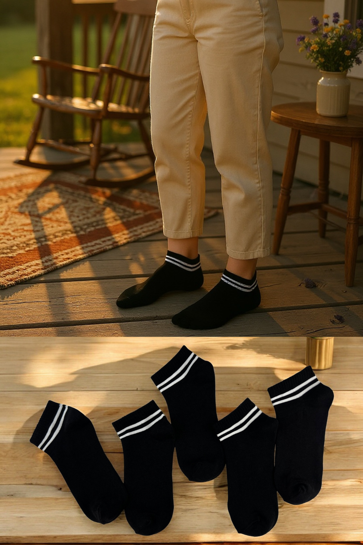 5-Pack Women Men Black Striped Booties Socks