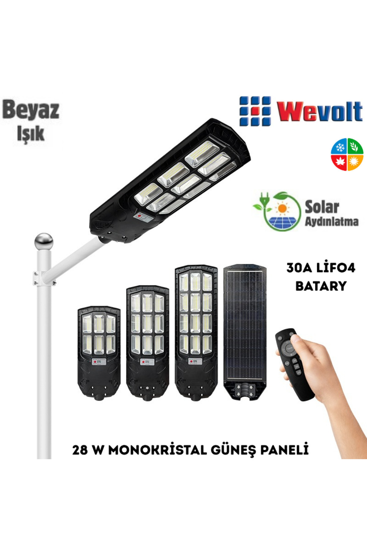 Wevolt PREMİUM HB-900 400W SOLAR LED Aydınlatma Bahçe Sokak Direk Armatürü. (6500K+2700K)-(30A.LİFO4)