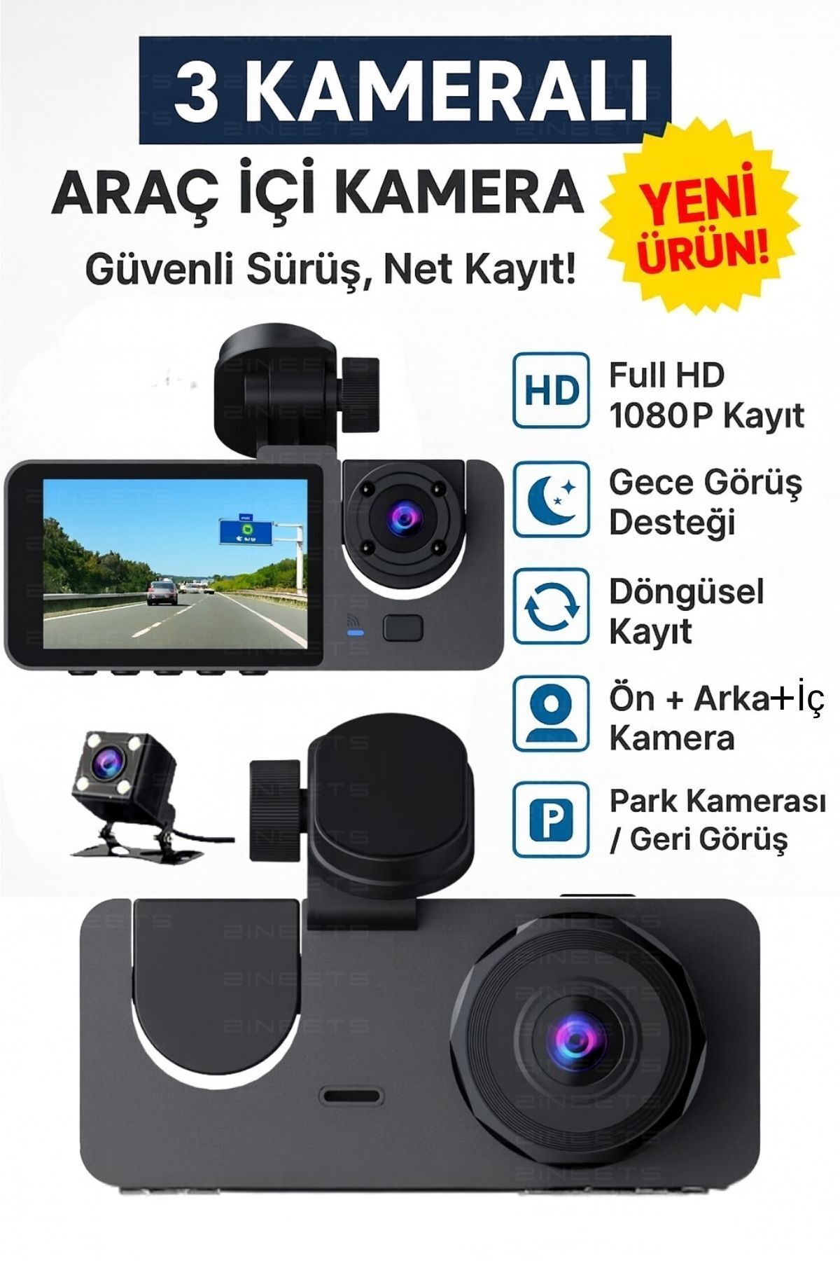 Zineets Siyah 1080p Araç içi 3 Kameralı Lcd Ekranlı Gece Görüşlü G-sensör Geri Görüş Kamera