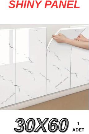 Renkli Duvarlar Shiny Beyaz Mermer Desenli 60x30cm Yapışkanlı Mutfak Banyo Ka...