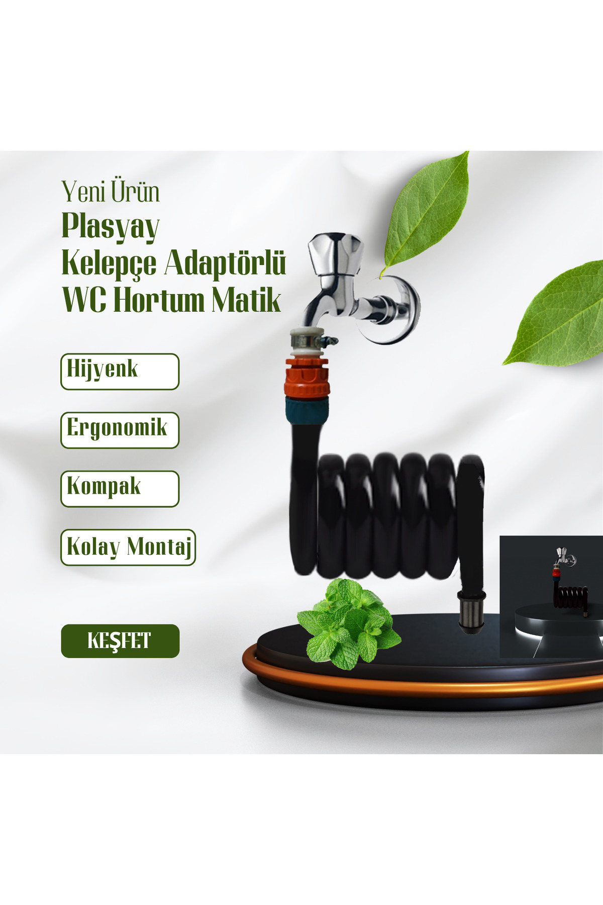 PLASYAY Spiral Wc Taharet Hortum Matik Kelepçe Adaptörlü Yeni Siyah Inci 97 Cm