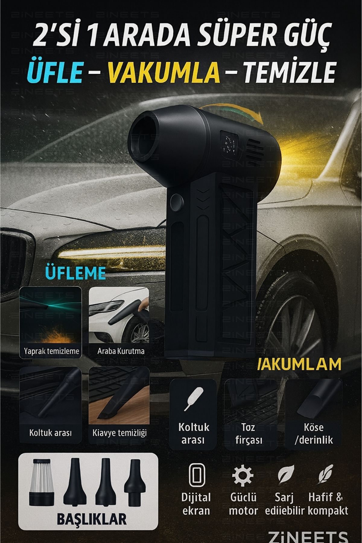 POLYGOLD 2in1 Şarjlı Araç Kurutucu Mini Turbo Jet Fanı Toz Alma Su Dağıtma Araç Süpürgesi Ve Hava Kompresörü