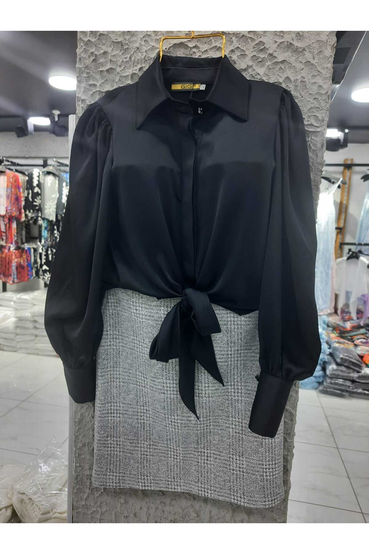 MYMİSİY  SATEN İPEK GÖMLEK BLUZ - SİYAH 34-48 BEDEN - Görsel 4