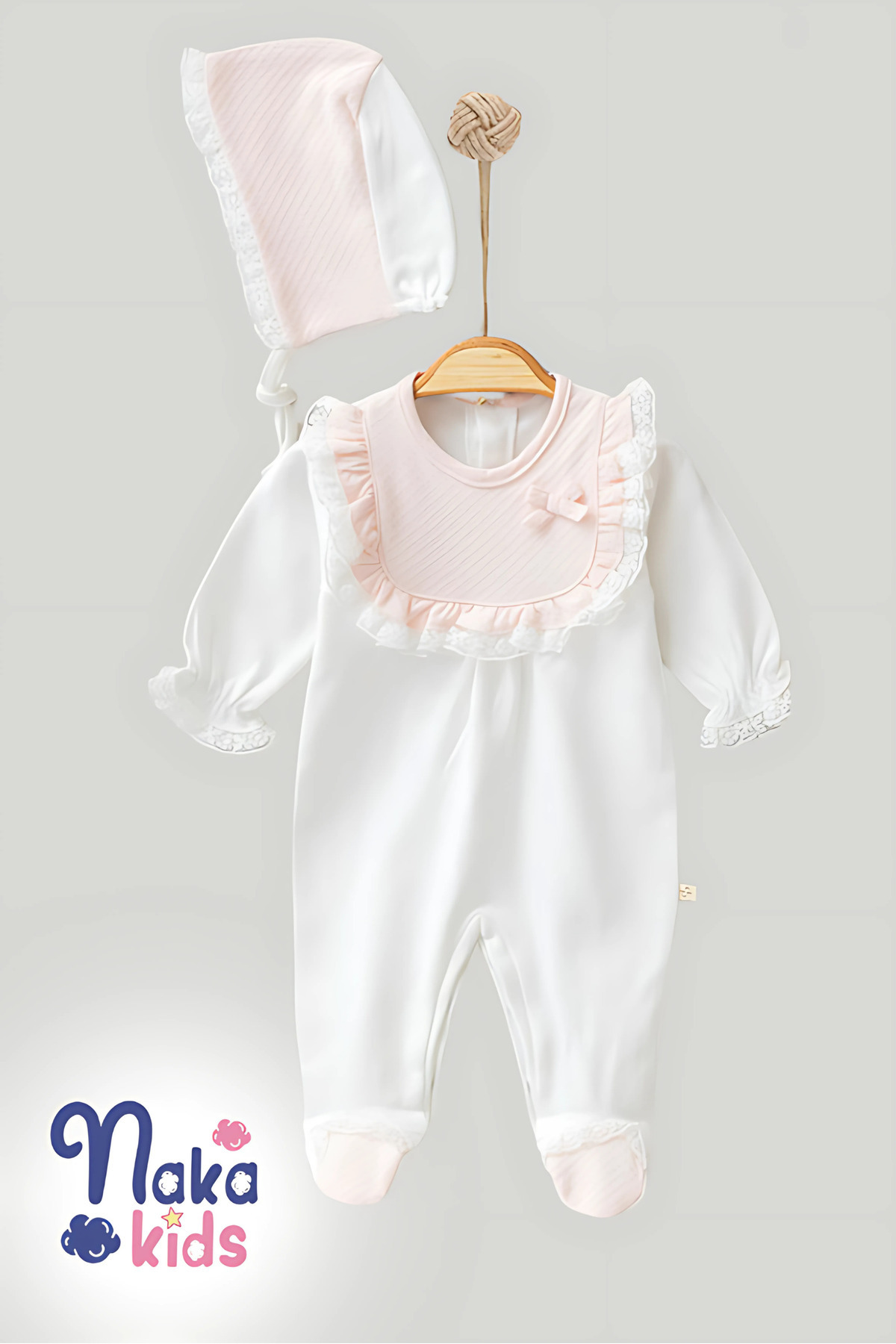 Naka Concept Jakarlı 10 Parça Kız Bebek Hastane Çıkış Seti-Pembe Beyaz fotoğrafı 2 (önizleme)