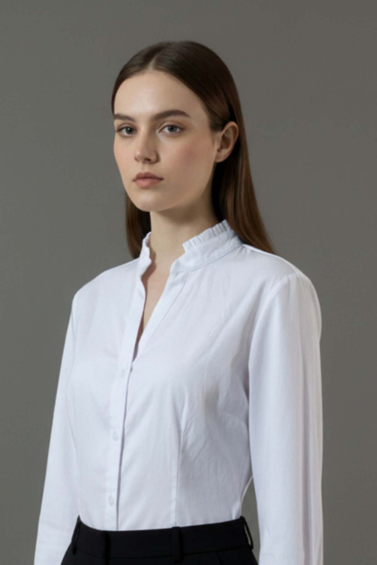 Lavenda  Kadın Premium Kumaş Fırfırlı Hakim Yaka ve Gipeli Manşetli Kuplu Likralı Belden Oturtma Ofis Gömleği - Görsel 4