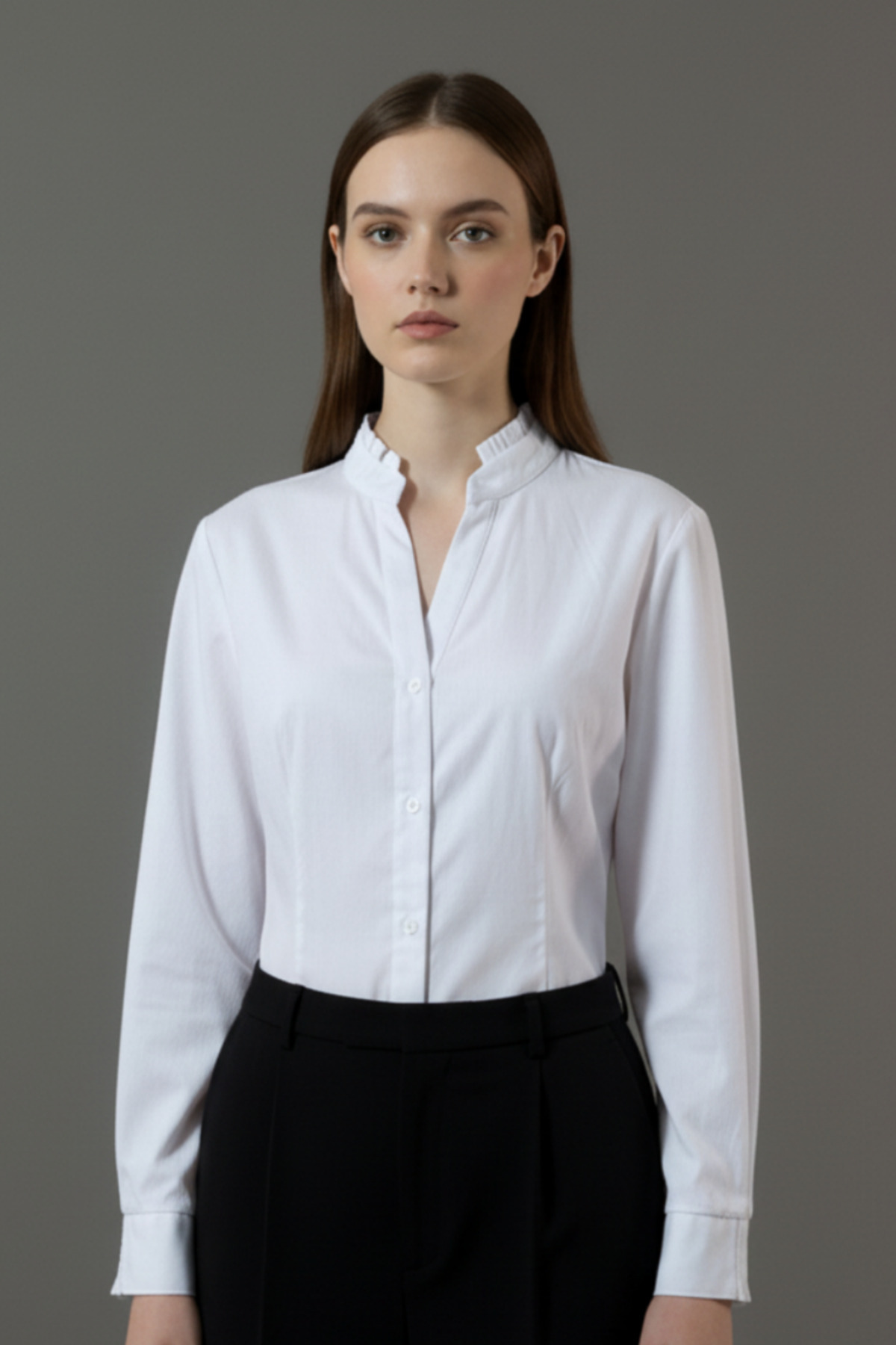 Lavenda  Kadın Premium Kumaş Fırfırlı Hakim Yaka ve Gipeli Manşetli Kuplu Likralı Belden Oturtma Ofis Gömleği - Görsel 3