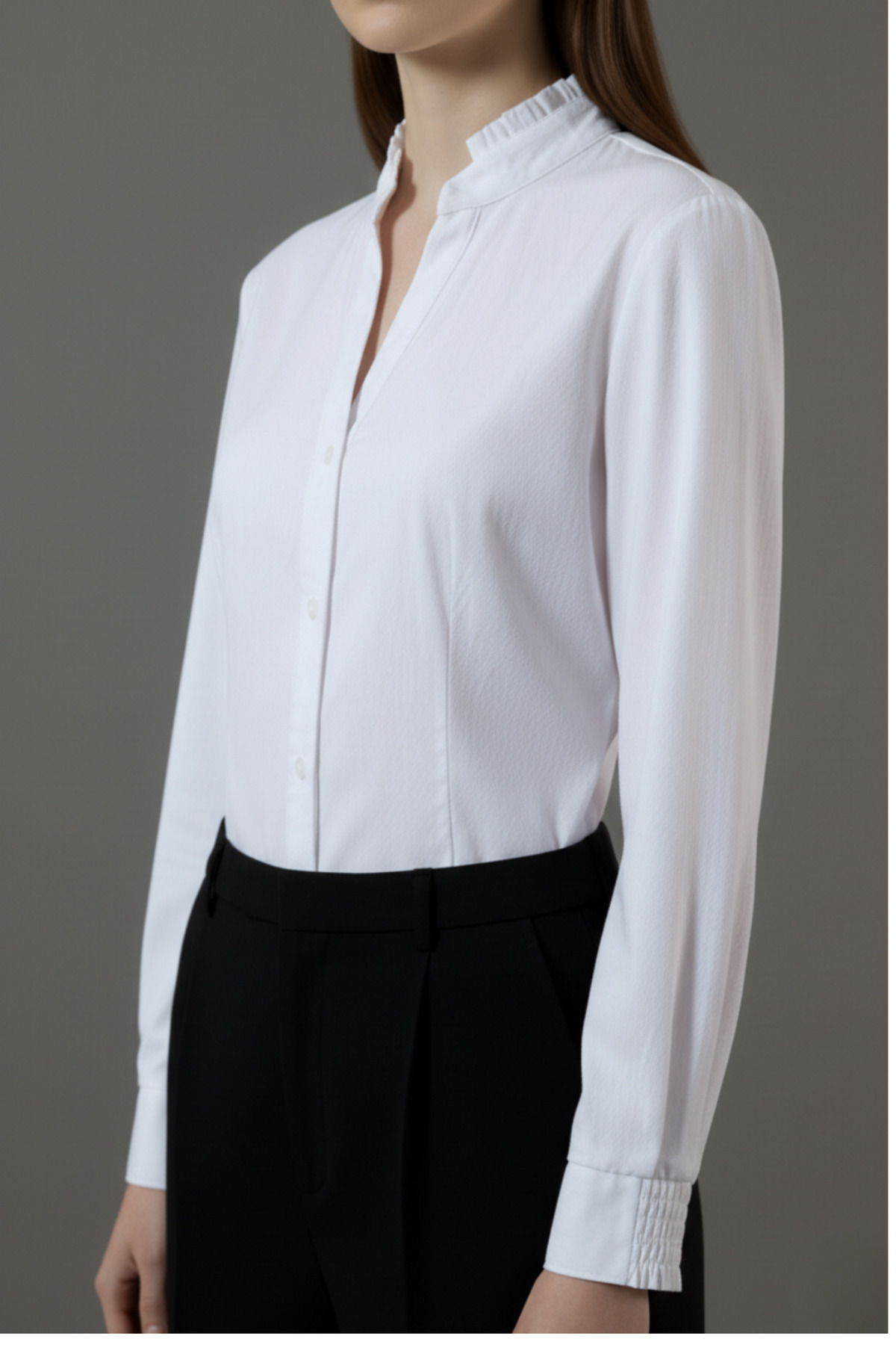 Lavenda  Kadın Premium Kumaş Fırfırlı Hakim Yaka ve Gipeli Manşetli Kuplu Likralı Belden Oturtma Ofis Gömleği - Görsel 2