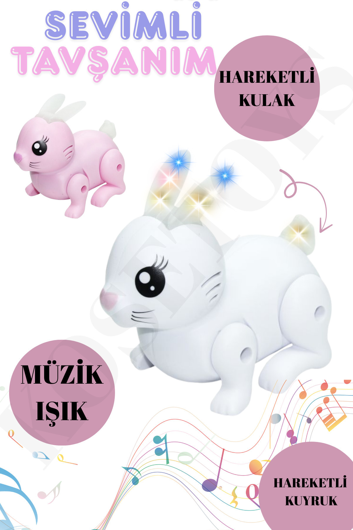 kosetoys Sevimli Tavşan Müzikli Sesli Işıklı Hareketli Kuyruk ve Kulaklı beyaz