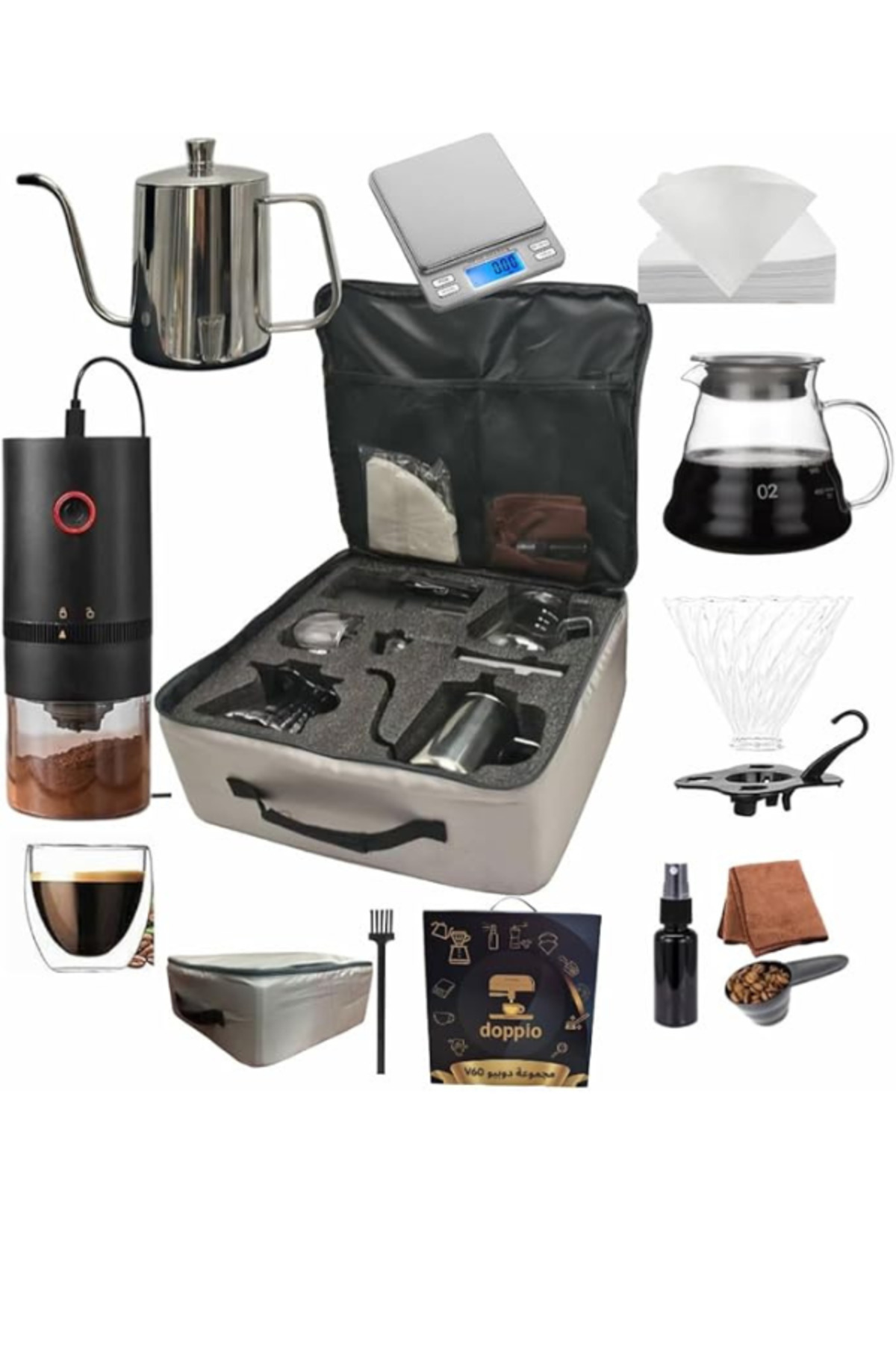 DOPPİO مجموعة ماكينة تحضير القهوة الكهربائية V60 من دوبيو، 12 قطعة، مع مطحنة كهربائية وقطارة