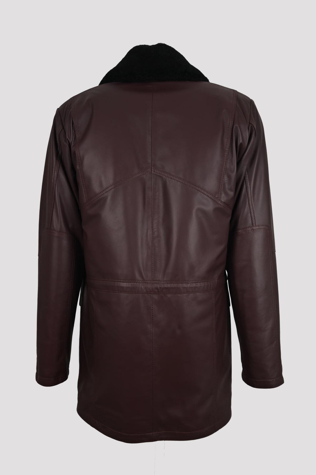 مانتو زمستانی چرم اصل مردانه تارکان با یقه خاکستر بورگوندی — زرشکی M2058 — تصویر 4 از 6