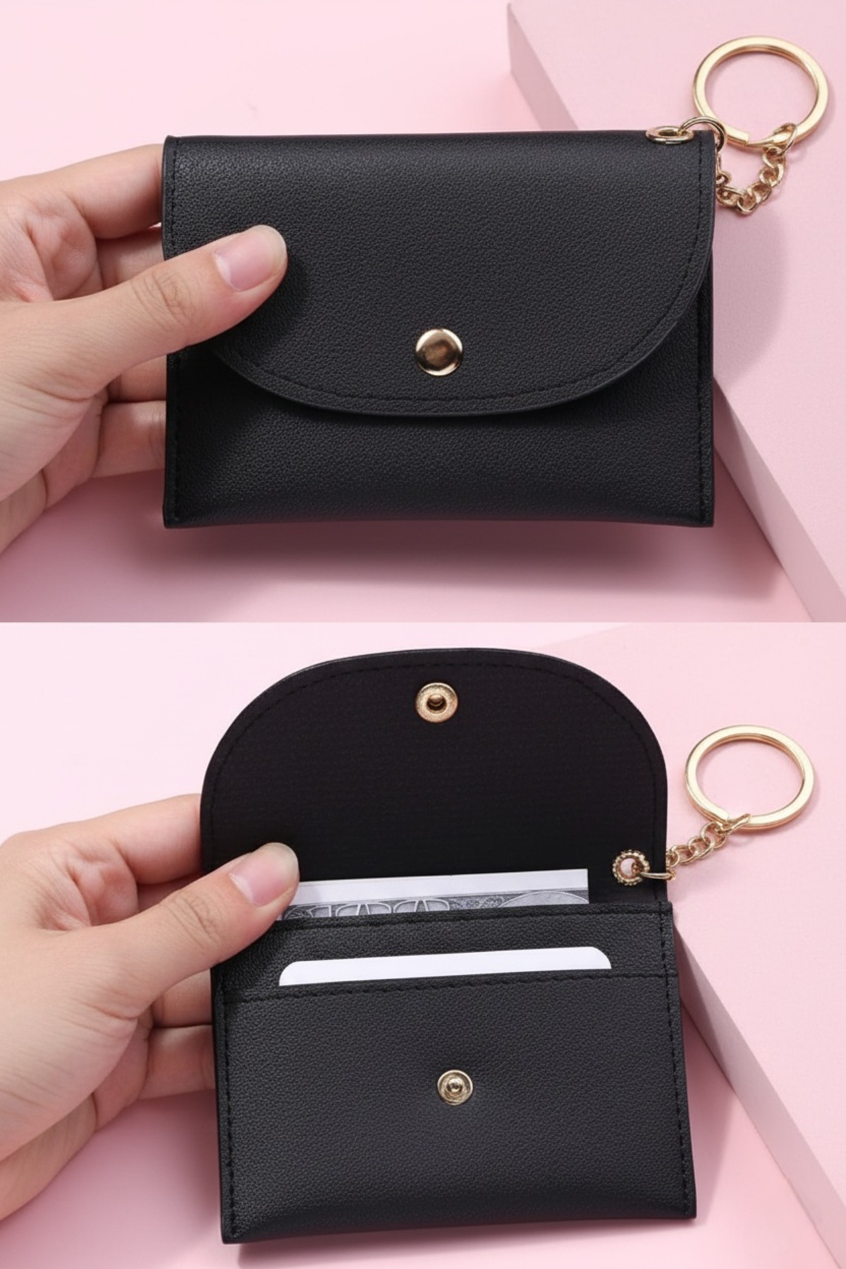 Defnella Siyah Unisex Siyah Çift Bölmeli Anahtarlıklı Mini Kredi Kartlık Cüzdan görsel 2