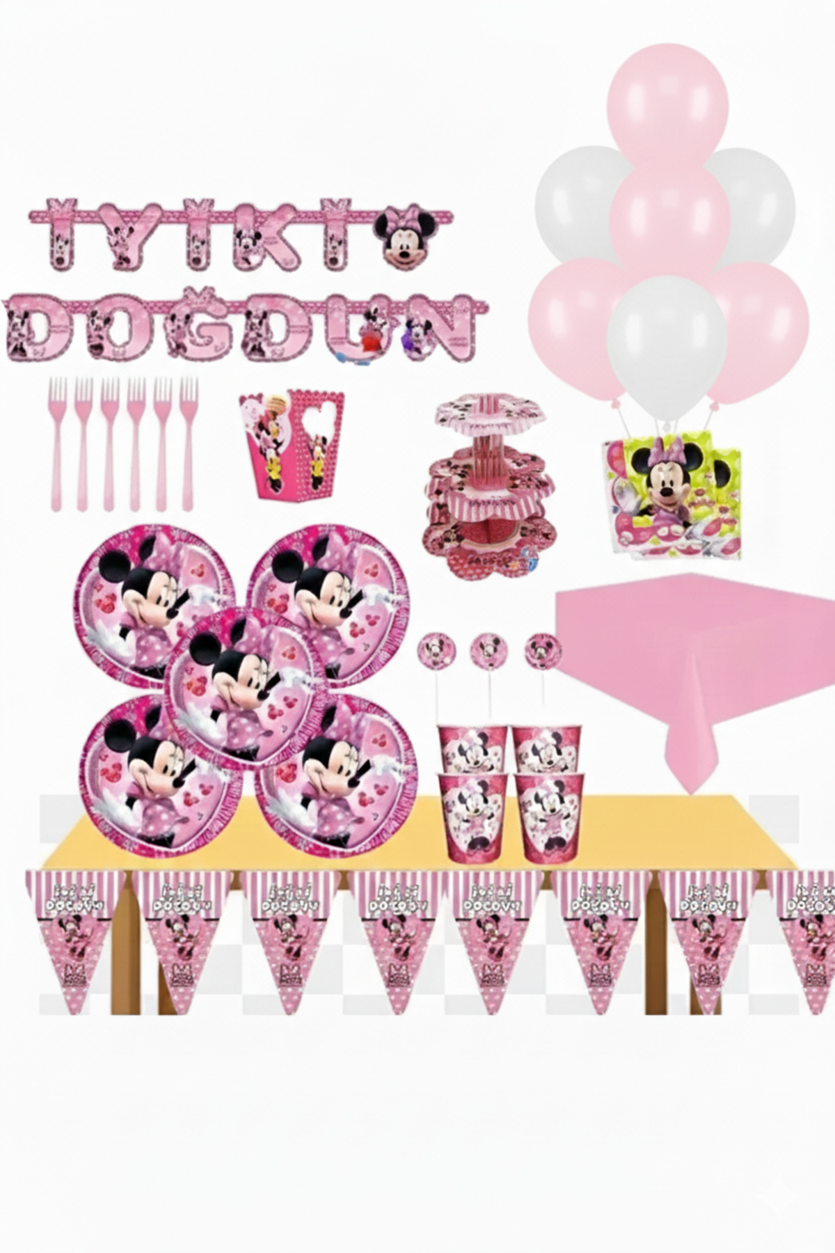 FOKUL Minnie Mini Mouse Lüks Doğum Günü Lüks Parti Malzemeleri Seti 16 Kişilik Parti Konsepti