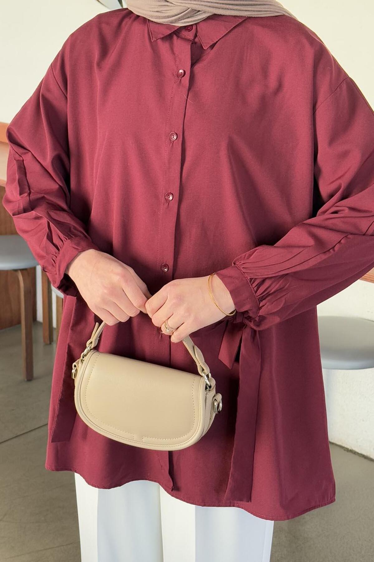 Lamelif Kol Detaylı Gömlek Oversize Gömlek Bordo