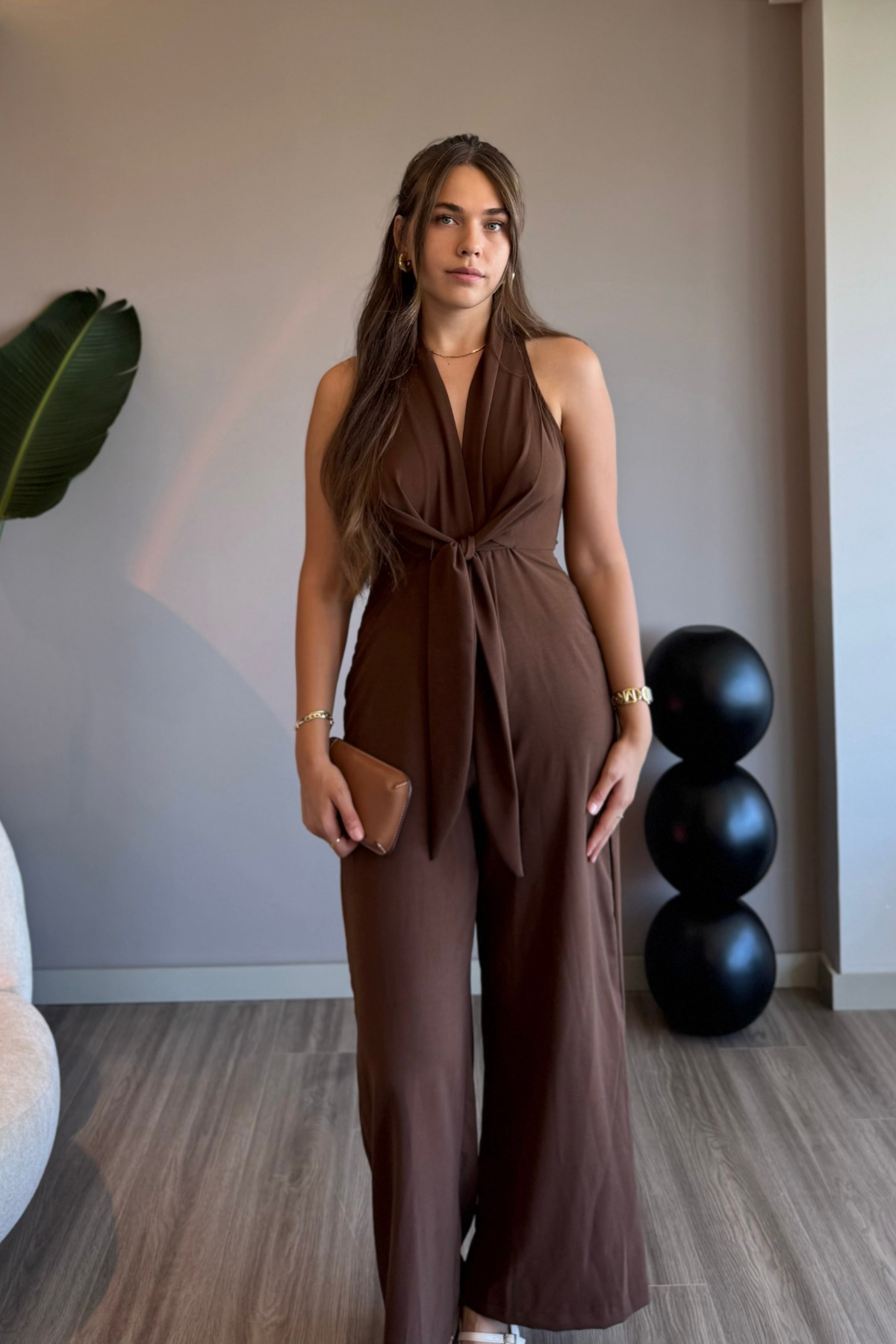 Aventien Önden Bağlamalı Kahverengi Bol Paça Tulum