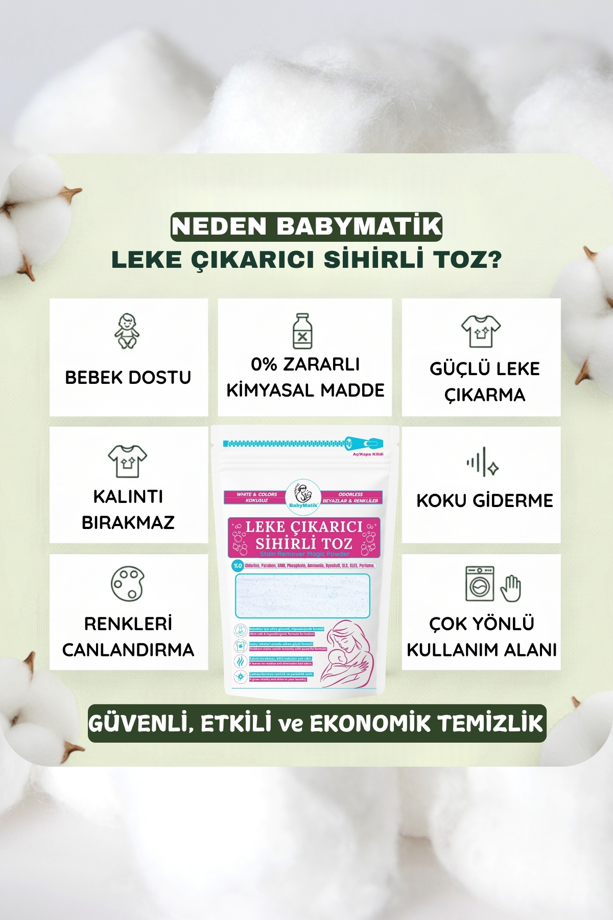BabyMatik Çamaşır Bebek Leke Çıkarıcı Kokusuz Toz Deterjan, Kalıntı Bırakmaz, Zararlı Kimyasallar İçermez fotoğrafı 6 (önizleme)