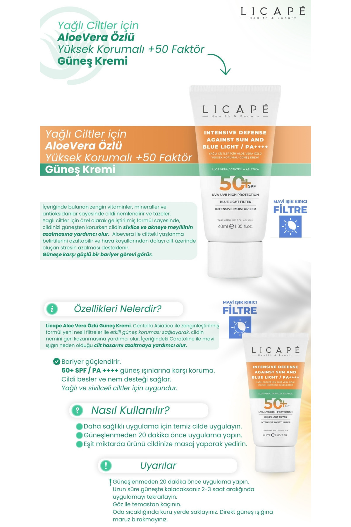 Yağlı Ciltler İçin Aloe Vera Özlü Yüksek Korumalı +50 Faktör Güneş Kremi 40ml — 255788 — تصویر 3 از 8