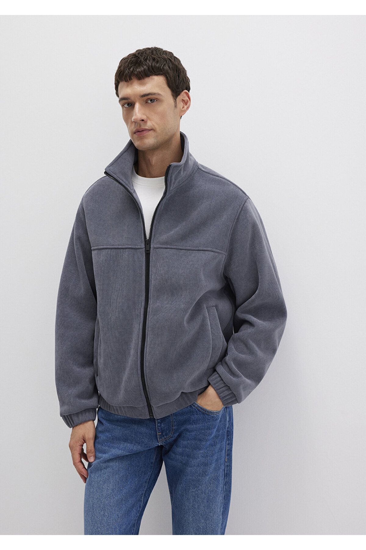 ماوی کاپشن خاکستری یقه ایستاده Loose Fit / Loose Comfortable Cut 0110369-80776