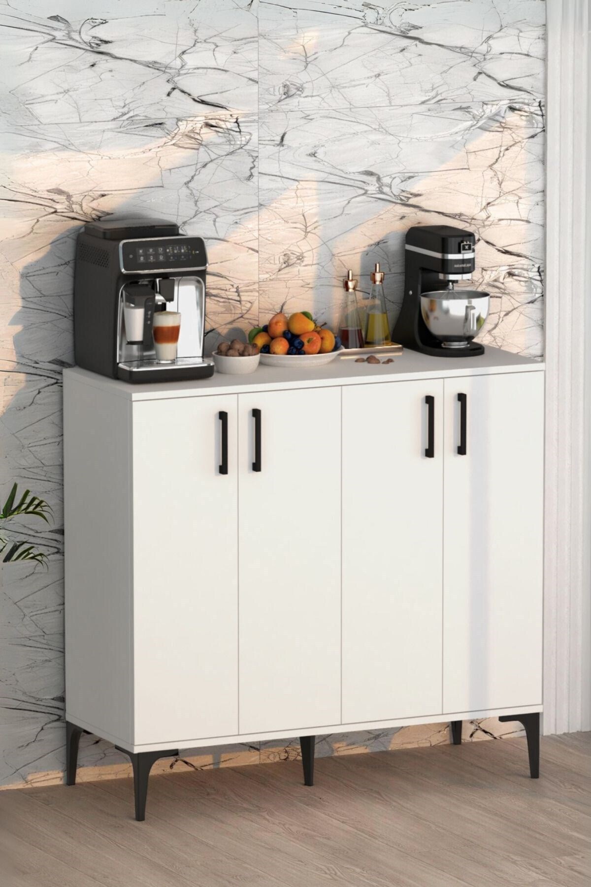 Moonlife Valencia 4 Kapaklı Mutfak,Kiler Dolabı,Kahve Köşesi Çok Amaçlı Dolap Beyaz